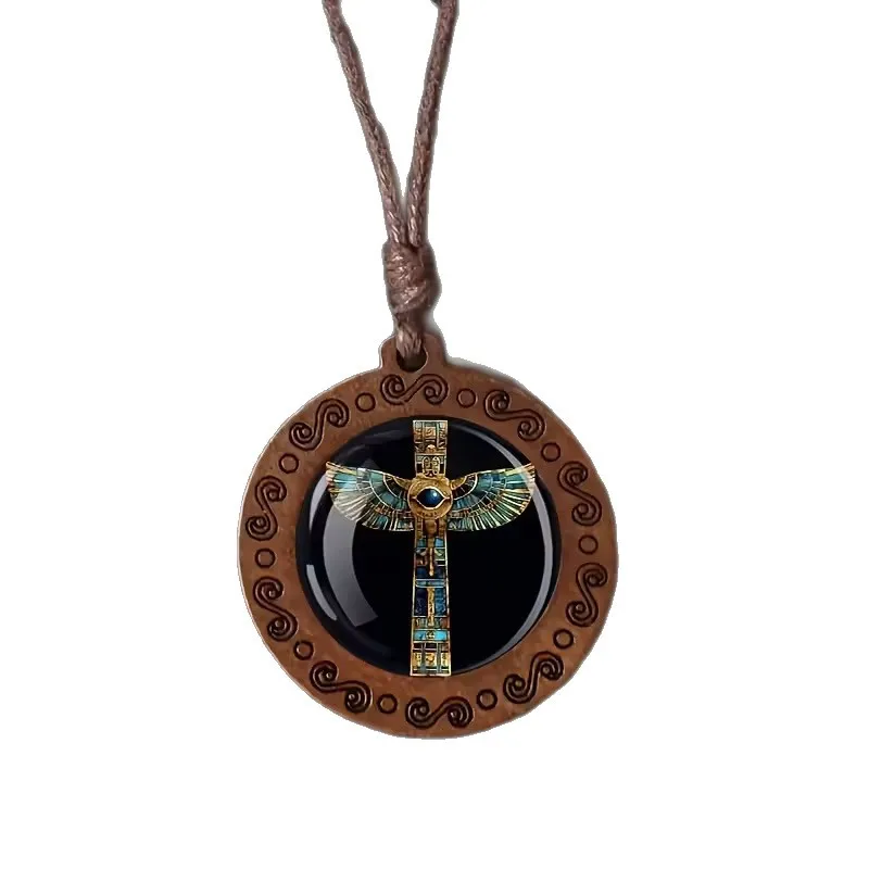 Vintage Egyptian Ankh Pendant Necklace – Adjustable Wooden Ankh Cross, Key of Life Jewelry, Boho Amulet for Men & Women